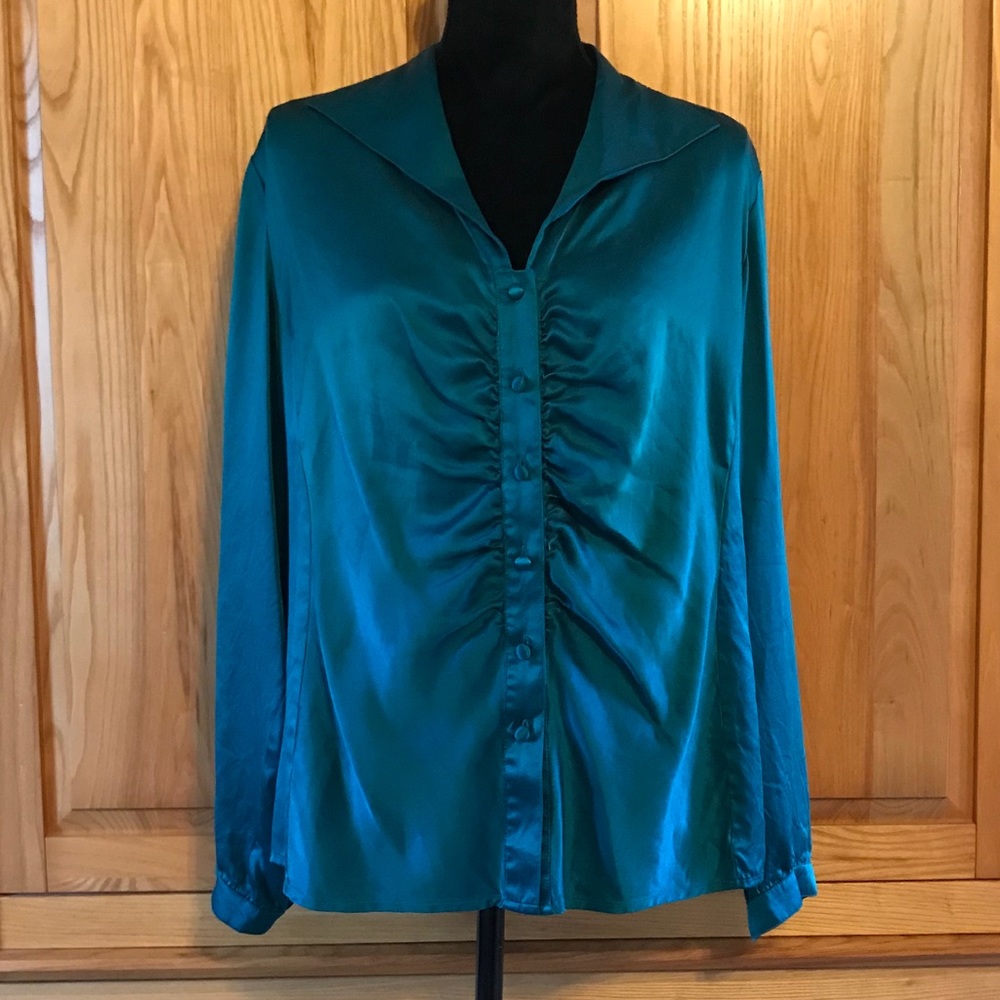Talbots Teal Satin Ruched Button-Down Shirt